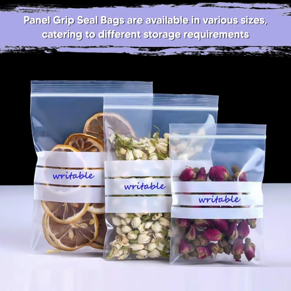 Venuscello Write on Panel Grip Seal Clear Plastic Polythene Resealable Ziplock Bags for Cookies, Jewelry & Food Storage