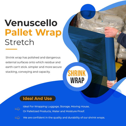 Venuscello® Pallet Stretch Wrapping Roll 400mm x 200m 20mu Extended Core Heavy Duty Shrink Wrap for Secure Packaging & Moving