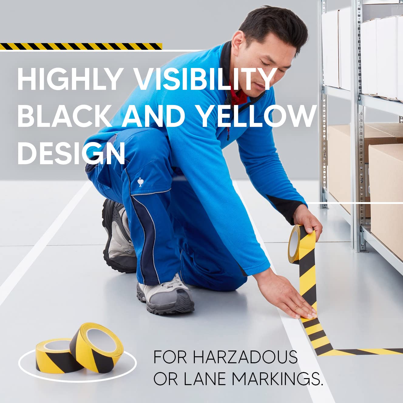 Venuscello 48mm x 33m Floor Marking LDPE Black & Yellow Heavy Duty High Visibility Floor Hazard Lane Tape