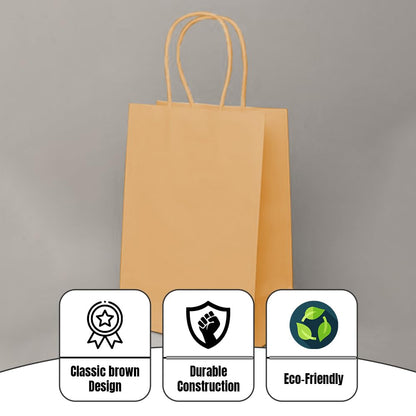 Venuscello Twisted Handle Paper Bags 19.30cm x 21.84cm x 8.12cm Brown Kraft Carrier Party Bag for Shopping Cloths & Jewellery - 7.6 x 8.6 + 3.2 inch (XS)