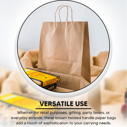 Venuscello Twisted Handle Paper Bags 19.30cm x 21.84cm x 8.12cm Brown Kraft Carrier Party Bag for Shopping Cloths & Jewellery - 7.6 x 8.6 + 3.2 inch (XS)