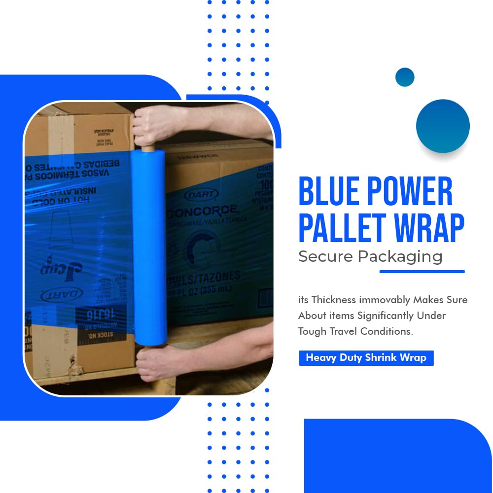 Venuscello 400mm Power Pre Pallet Wrap Blue Stretch Shrink Wrapping Roll | Extended Core 9mu Thick, 800m Cling Film | Water Proof & Tear Resistant for Secure Industrial Packaging & House Moving