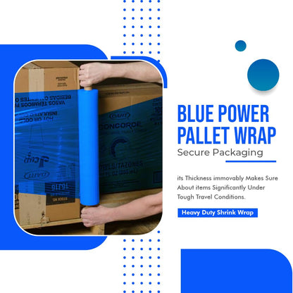 Venuscello 400mm Power Pre Pallet Wrap Blue Stretch Shrink Wrapping Roll | Extended Core 9mu Thick, 800m Cling Film | Water Proof & Tear Resistant for Secure Industrial Packaging & House Moving