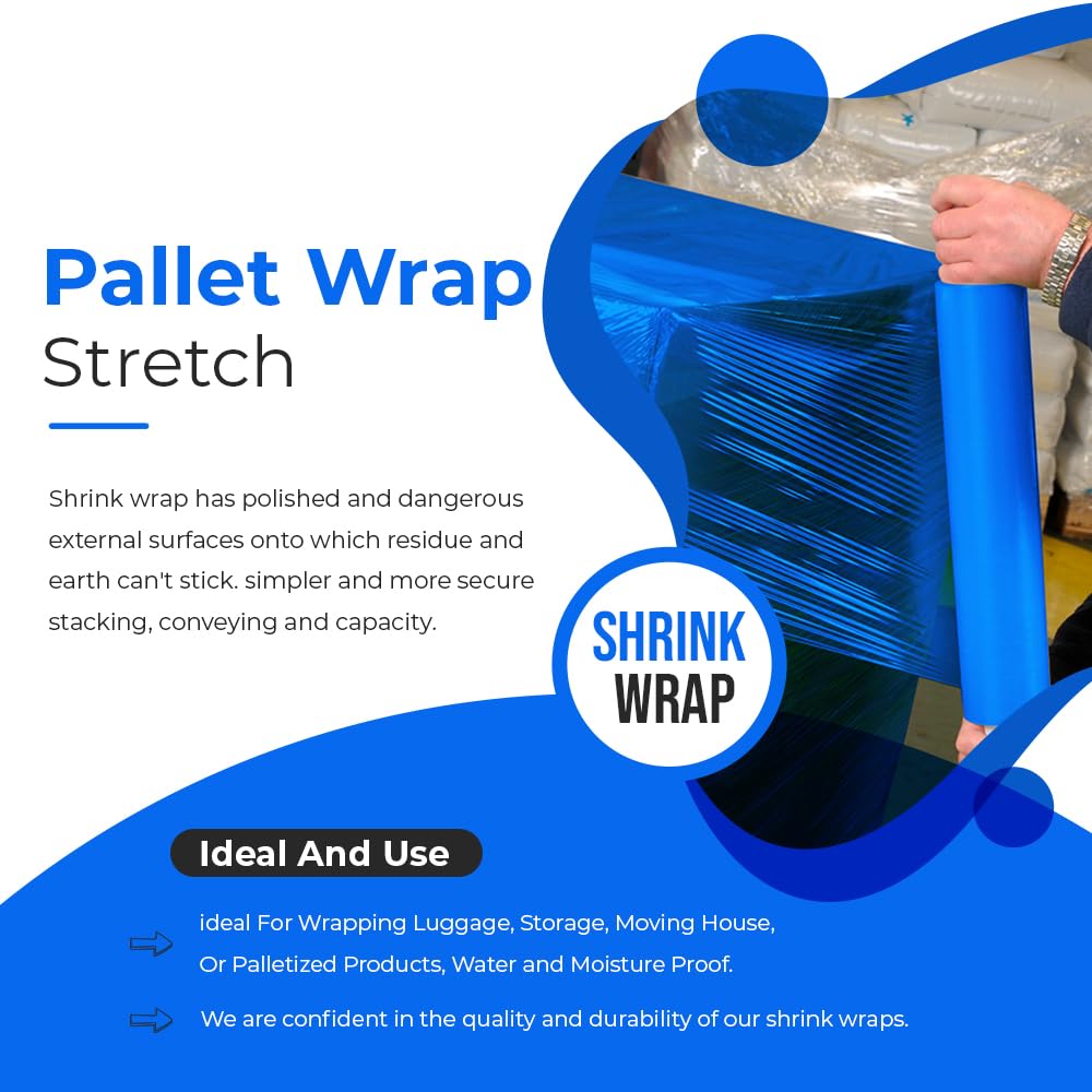 Venuscello 400mm Power Pre Pallet Wrap Blue Stretch Shrink Wrapping Roll | Extended Core 9mu Thick, 800m Cling Film | Water Proof & Tear Resistant for Secure Industrial Packaging & House Moving