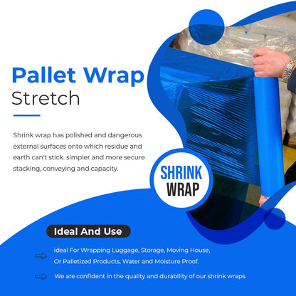 Venuscello 400mm Power Pre Pallet Wrap Blue Stretch Shrink Wrapping Roll | Extended Core 9mu Thick, 800m Cling Film | Water Proof & Tear Resistant for Secure Industrial Packaging & House Moving