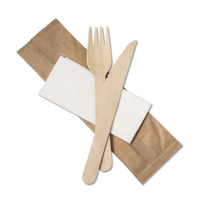 Venuscello Tithe Wooden Cutlery Set Biodegradable Reusable Mixed Individually Wrapped Each Set Contains Wooden Fork, Spoon, Knife, 2-Ply Napkin, Salt & Pepper