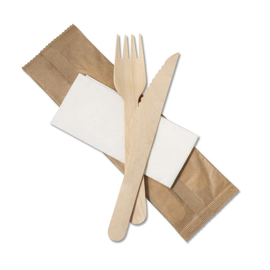 Venuscello Tithe Wooden Cutlery Set Biodegradable Reusable Mixed Individually Wrapped Each Set Contains Wooden Fork, Spoon, Knife, 2-Ply Napkin, Salt & Pepper