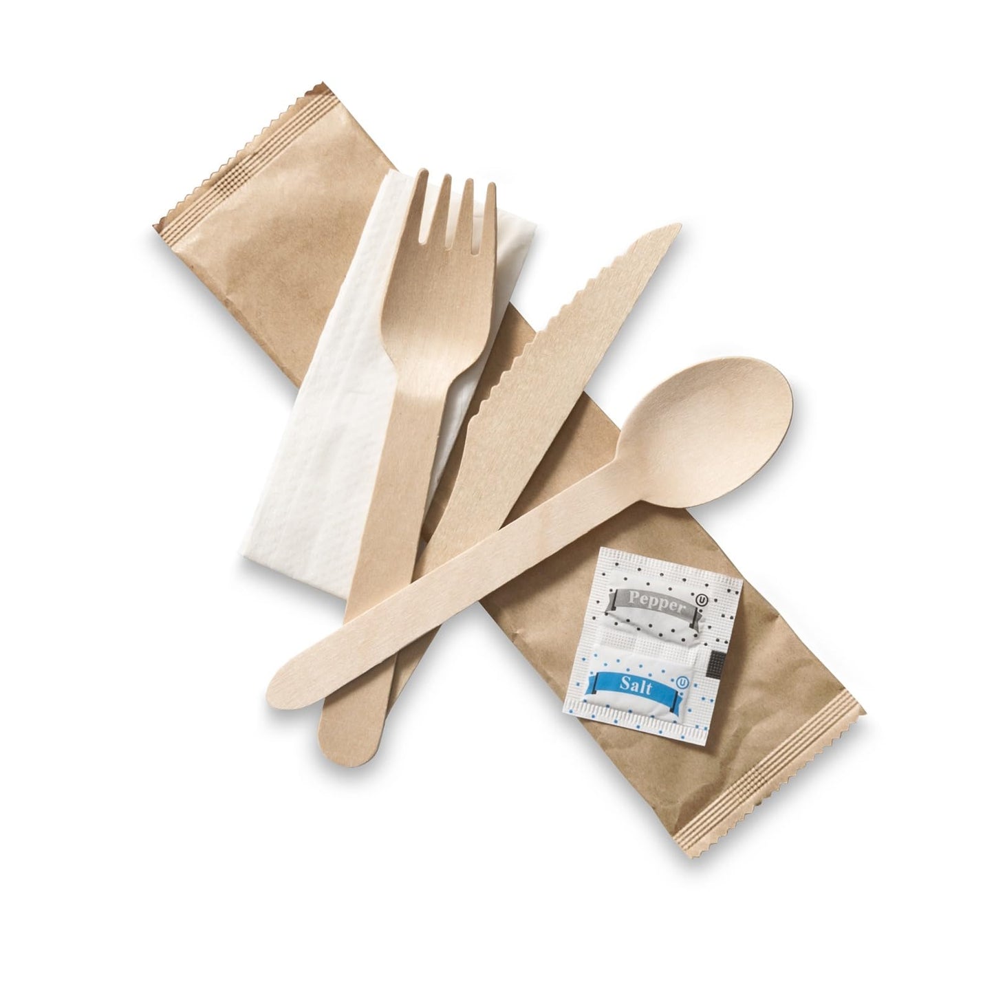 Venuscello Tithe Wooden Cutlery Set Biodegradable Reusable Mixed Individually Wrapped Each Set Contains Wooden Fork, Spoon, Knife, 2-Ply Napkin, Salt & Pepper