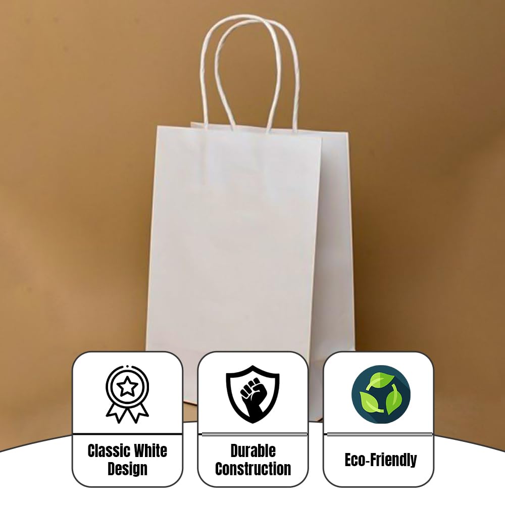 Venuscello Twisted Handle Paper Bags 19.30cm x 21.84cm x 8.12cm White Kraft Carrier Party Bag for Shopping Cloths & Jewellery - 7.6 x 8.6 + 3.2 Inch (XS)