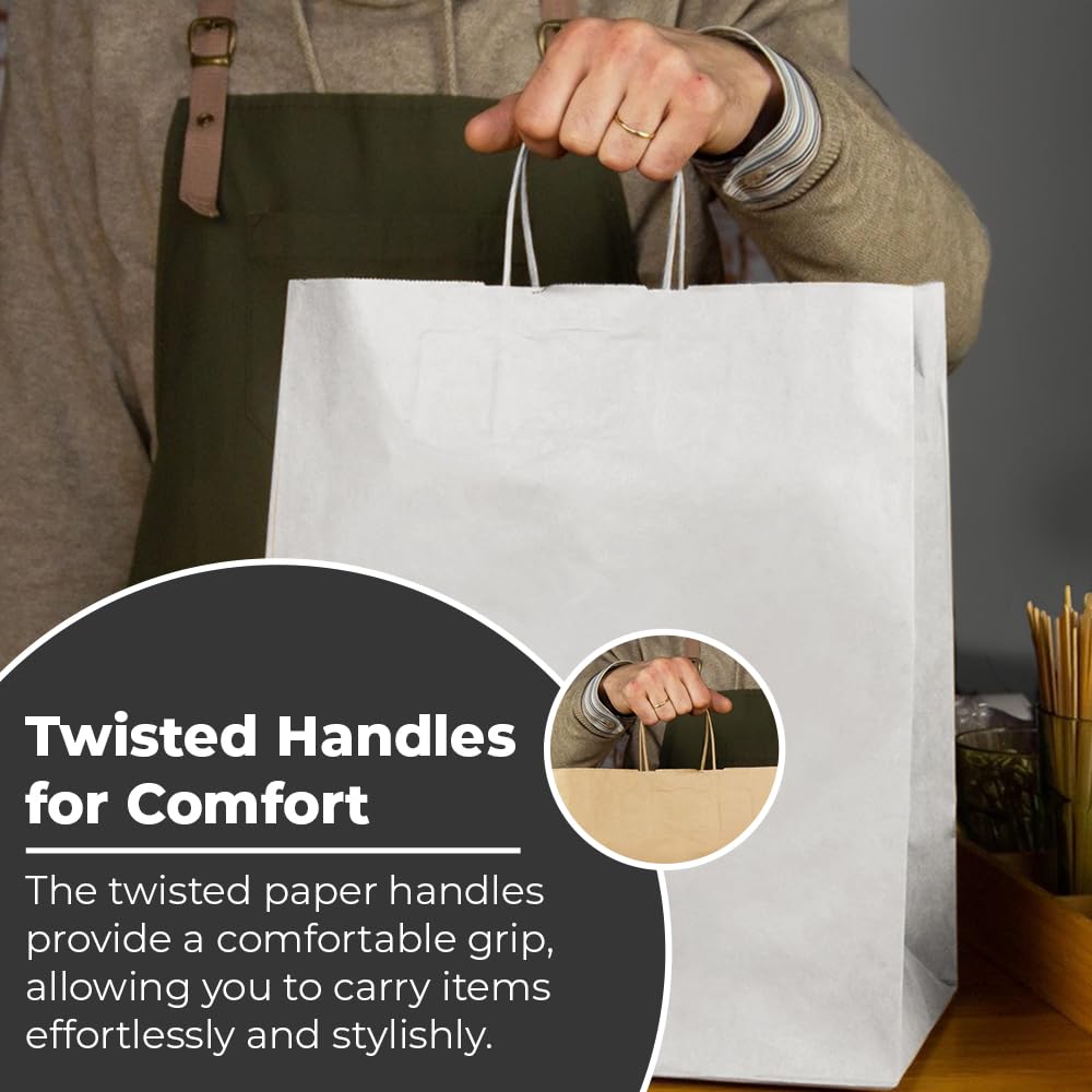 Venuscello Twisted Handle Paper Bags 19.30cm x 21.84cm x 8.12cm White Kraft Carrier Party Bag for Shopping Cloths & Jewellery - 7.6 x 8.6 + 3.2 Inch (XS)