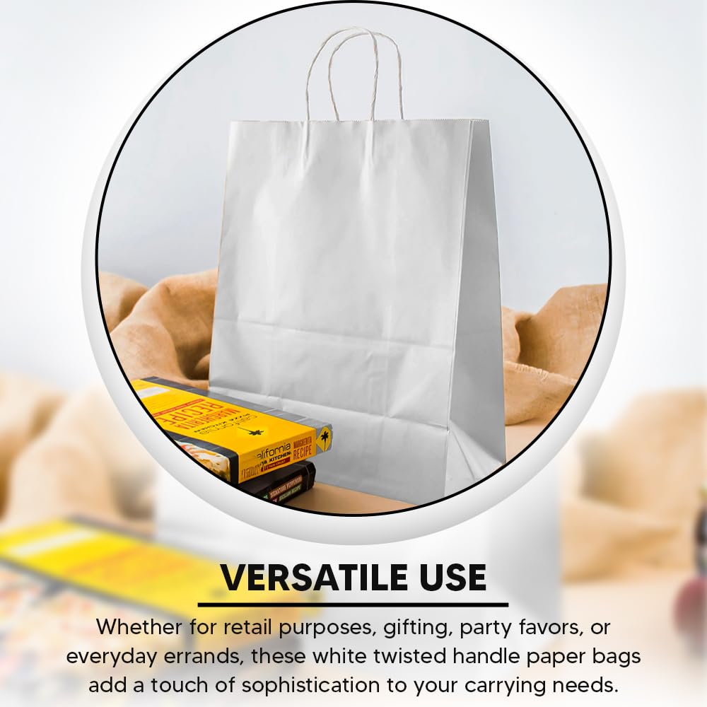 Venuscello Twisted Handle Paper Bags 19.30cm x 21.84cm x 8.12cm White Kraft Carrier Party Bag for Shopping Cloths & Jewellery - 7.6 x 8.6 + 3.2 Inch (XS)