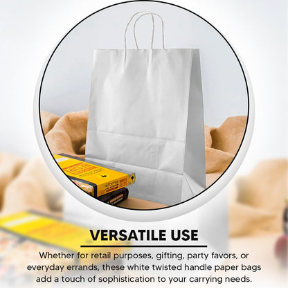 Venuscello Twisted Handle Paper Bags 19.30cm x 21.84cm x 8.12cm White Kraft Carrier Party Bag for Shopping Cloths & Jewellery - 7.6 x 8.6 + 3.2 Inch (XS)