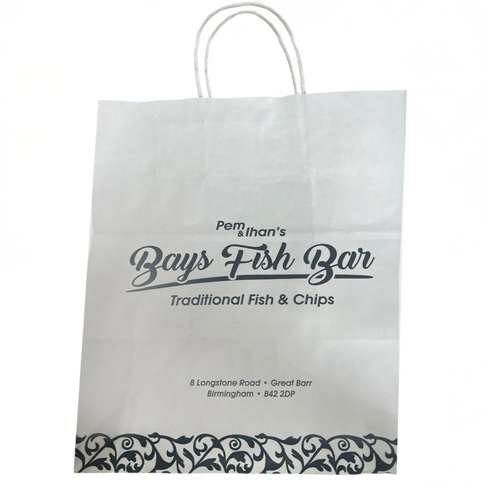 Twisted Handle Bags White Bays Fish Bar Printed Shopping Bags 26cm x 29cm x 15cm
