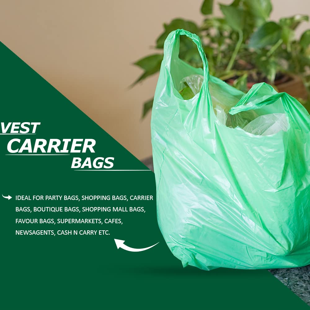 Venuscello® 1000 x Vest Style Carrier Bags Green Plastic 11" x 17" x 21" 18mu Heavy Duty Carry Bags for Vegetables Fruits Groceries Shopping
