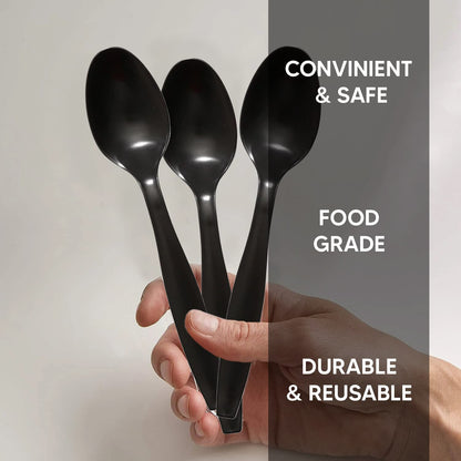 Venuscello Tithe Black Heavy Duty Plastic Cutlery Set Washable Reusable Ideal for Party | Kid's Parties | Buffets | Picnics | BBQ's | Weddings | Camping
