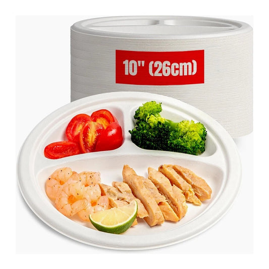 250 x Bagasse Section Plates 10" (26cm) Biodegradable White Compartment Plate
