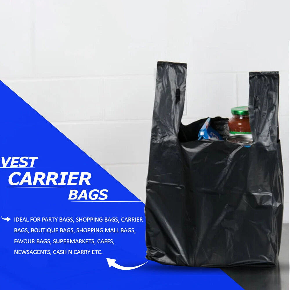 Vest Carrier Bags Reusable Black Plastic Carry Bags 8" x 13" x 18" 16mu