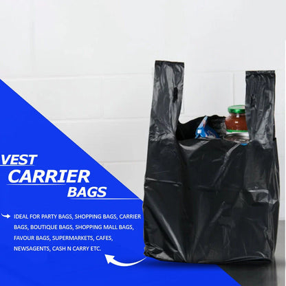 Vest Carrier Bags Reusable Black Plastic Carry Bags 16" x 24" x 30" 18mu