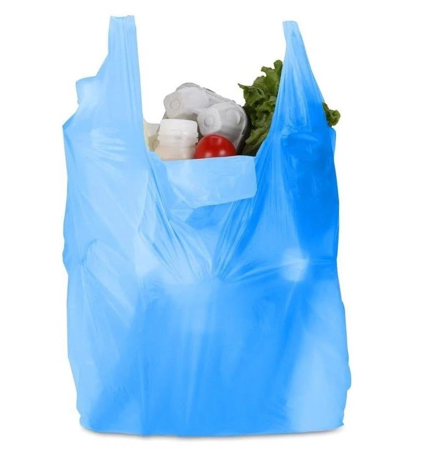 Vest Carrier Bags Reusable Blue Plastic Carry Bags 11" x 17" x 21" 14mu