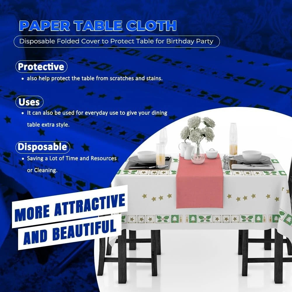 Christmas Paper Table Cloth White Tree Star Printed Disposable Square 90cm Table