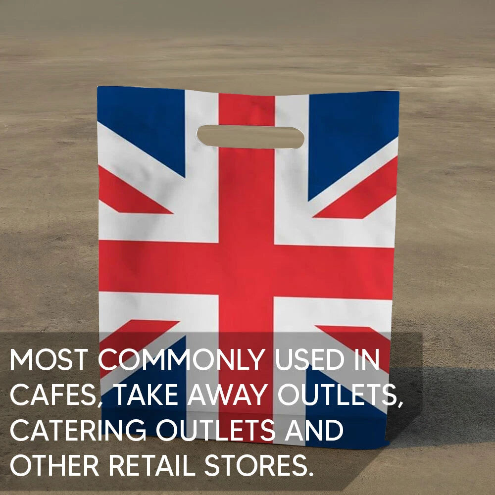 500 x Plastic Patch Handle Carrier Bags Union Jack Strong Takeaway Plastic Bags