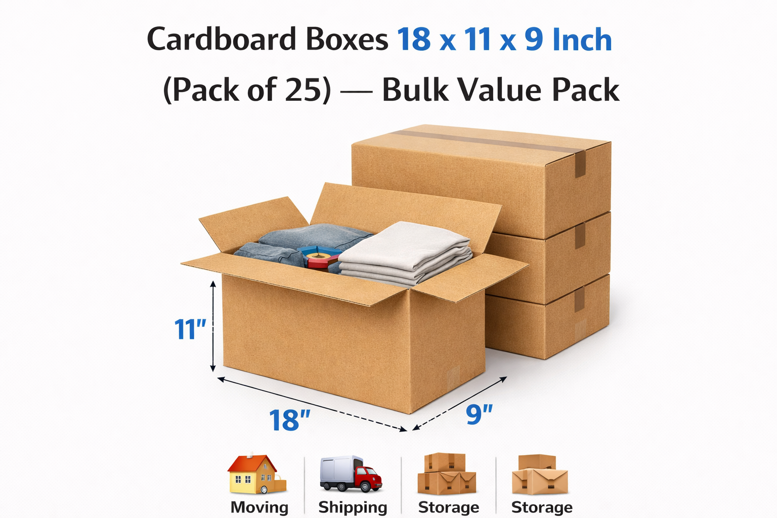 Cardboard Boxes 18 x 11 x 9 Inch  – Bulk Value Pack, Strong Packing