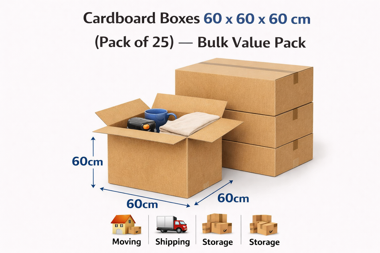 Double Wall Cardboard Box 60cm x 60cm x 60cm (Strong & Durable)