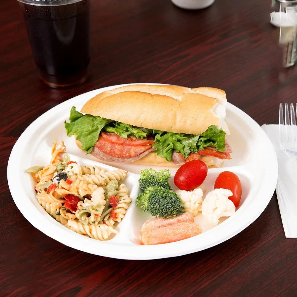 250 x Bagasse Section Plates 10" (26cm) Biodegradable White Compartment Plate