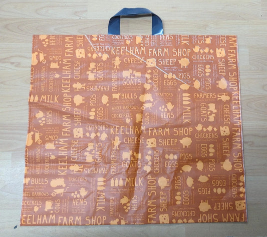 250 x Plastic Misprinted Flexi Loop Handle Bags 500mm x 450mm x 150mm 70mu