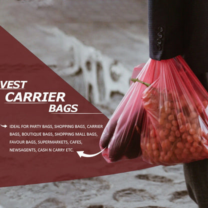 Vest Carrier Bags Reusable Red Plastic Carry Bags 11" x 17" x 21" 18mu