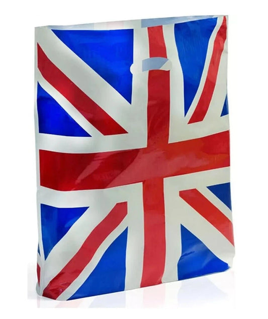 500 x Plastic Patch Handle Carrier Bags Union Jack Strong Takeaway Plastic Bags