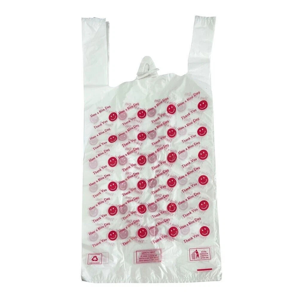 100 Vest Carrier Bags Thank You Printed Reusable Carry Bag 12" x 18" x 22" 23mu