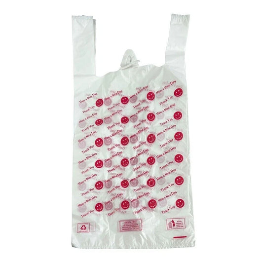 100 Vest Carrier Bags Thank You Printed Reusable Carry Bag 12" x 18" x 22" 23mu